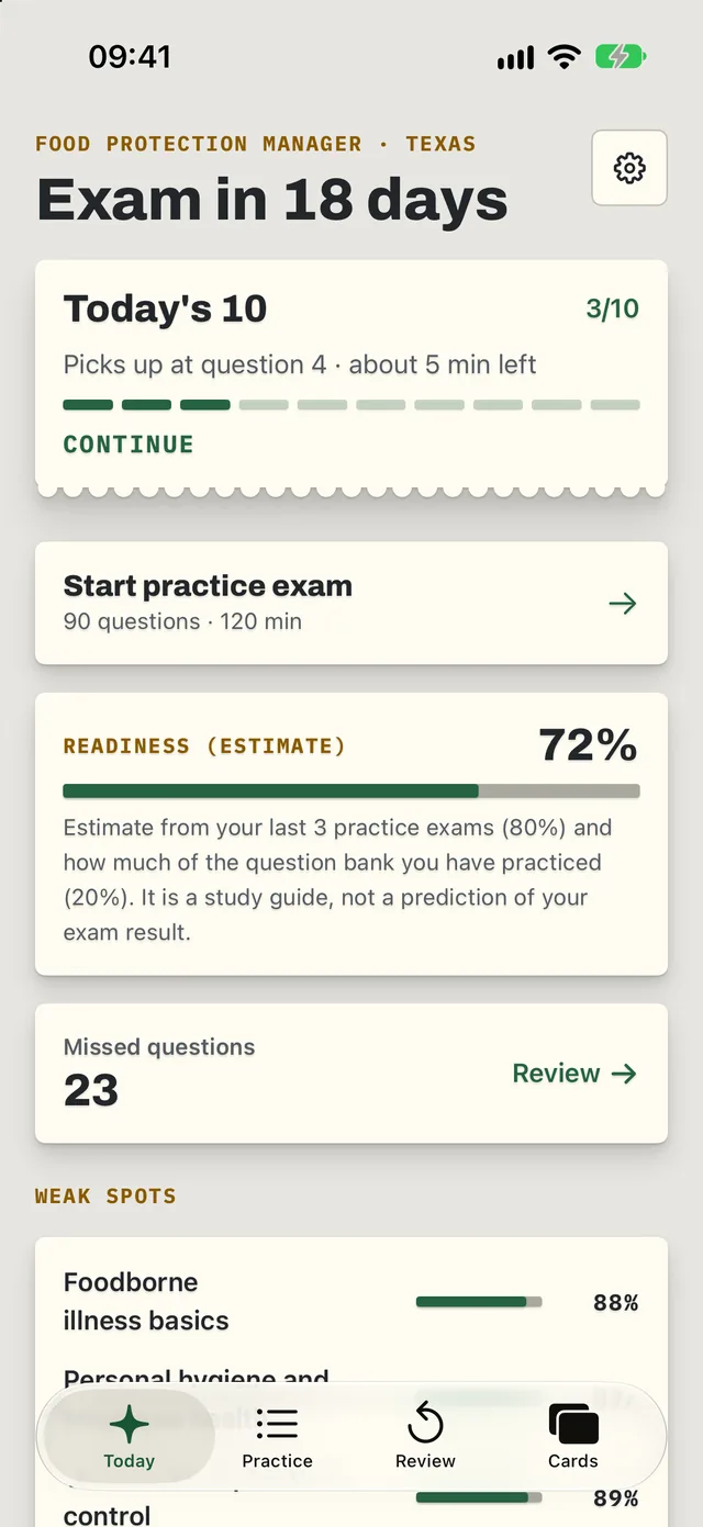 Tongsafe Today screen with Today's 10 and the days left to the exam