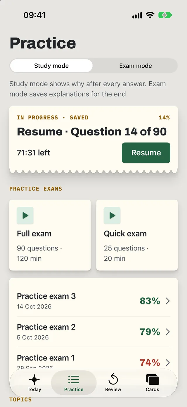 Practice screen with a saved exam and the time left
