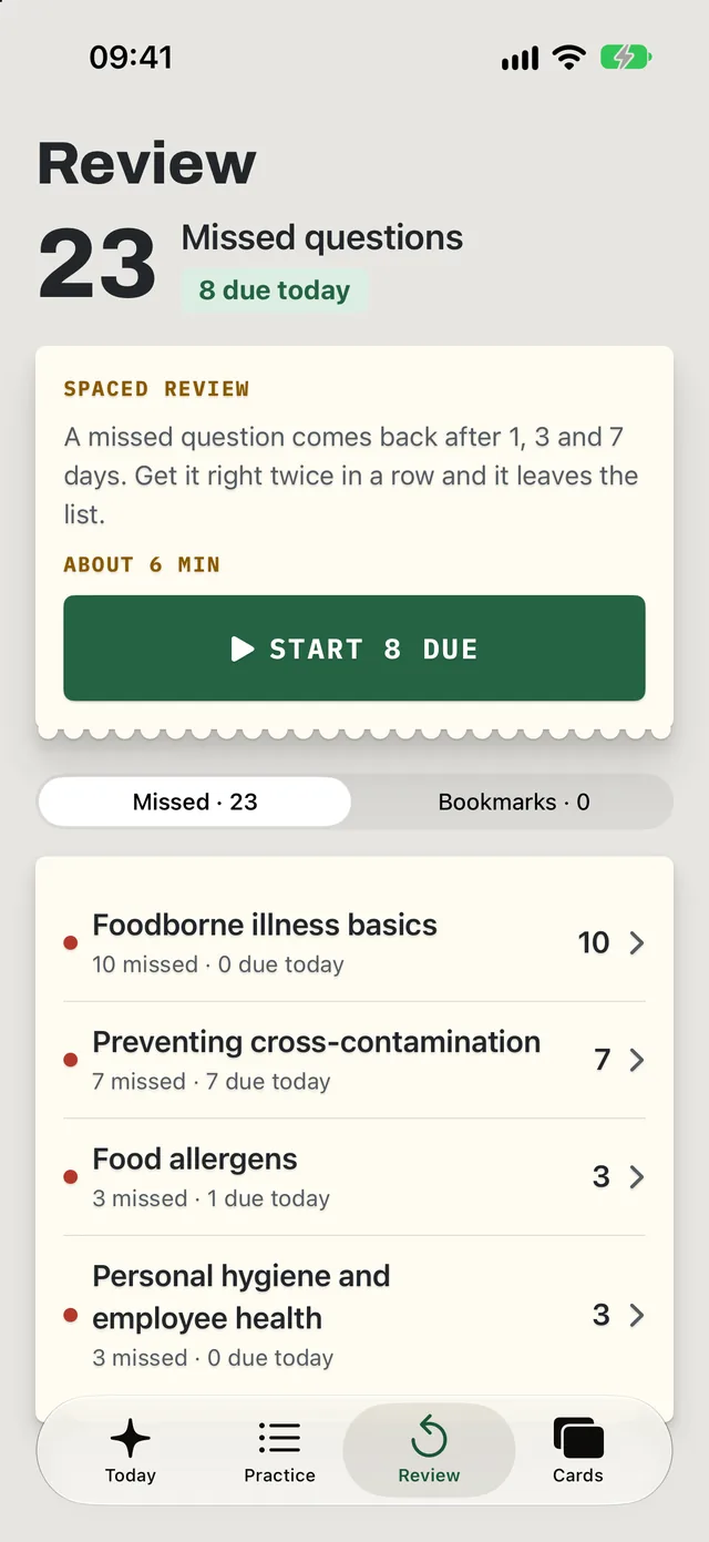 Review screen with the missed question count and spaced review