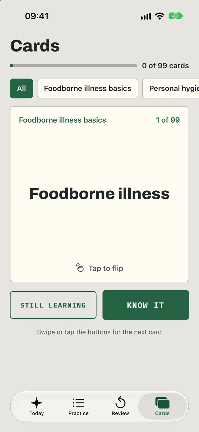 Flashcard with Still learning and Know it buttons